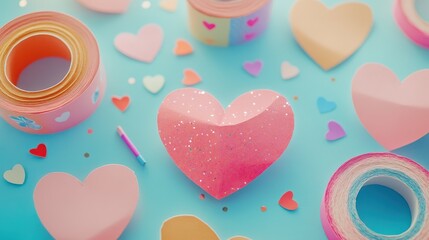 Valentine Handmade Concept, Colorful DIY Valentine's Day Craft Station with Paper Hearts and Decorative Supplies for Creative Projects
