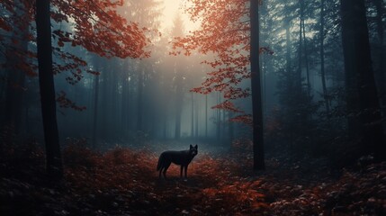 Wolf standing in foggy forest with red leaves.