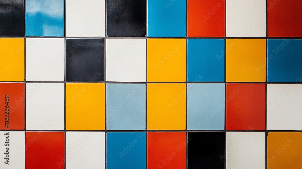 Poster Colorful tiled wall pattern with squares.