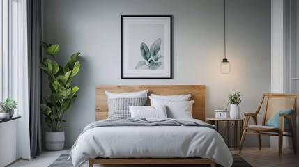 Clean bedroom with light furniture and plants.