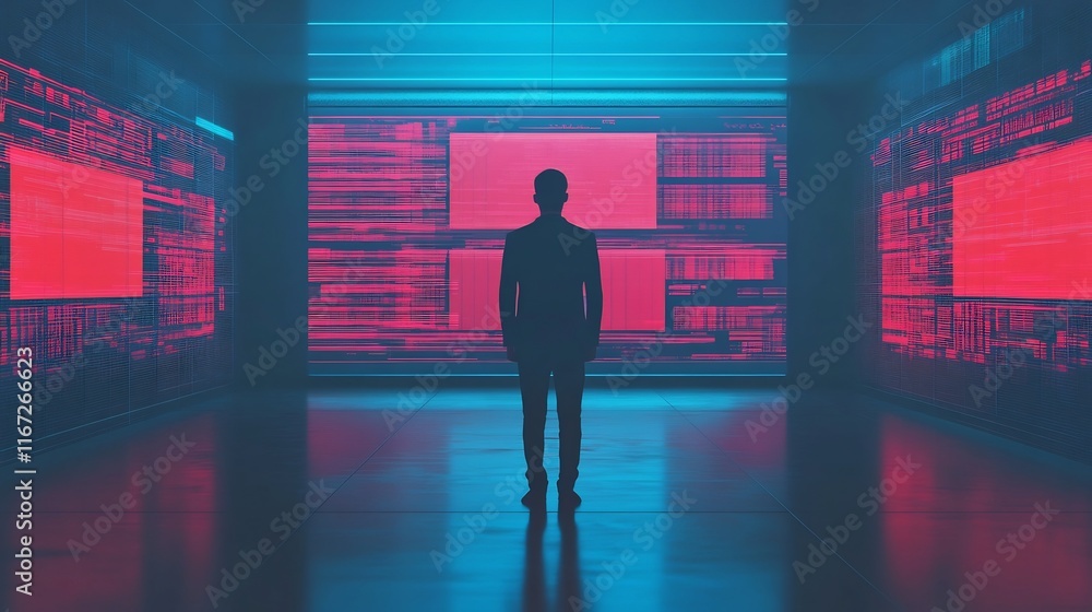 Poster professional standing in futuristic office with floating data charts