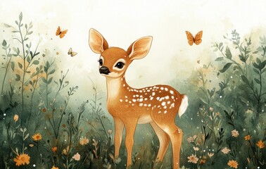 Watercolor Illustration of Fawn in Forest with Cute Animals Butterflies and Birds for Baby Shower Birthday Invitation