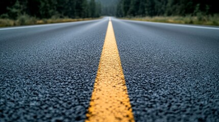 A close-up view of a straight road with a yellow centerline, leading into a forested area.