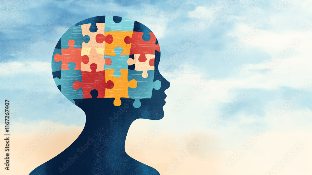 Poster silhouette of person with puzzle piece brain, symbolizing mental health and problem solving. colorfu