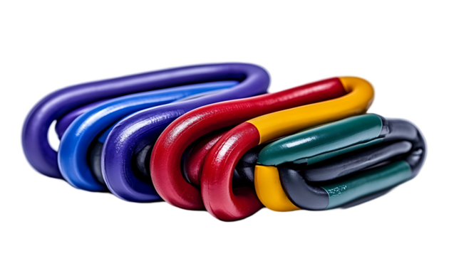 A colorful arrangement of interconnected rubber links, showcasing flexibility and design.