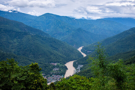 Aerial view of River Tista and Melli township