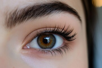 Obraz premium Woman showing long eyelashes and perfect eyebrow makeup