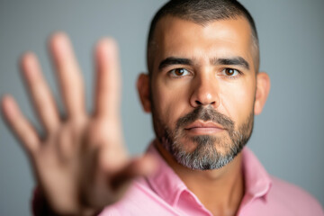 Obraz premium Young Caucasian man with beard raising hand and expressing stop gesture in studio portrait