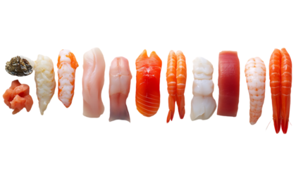 A colorful assortment of sushi and sashimi arranged on a platter.
