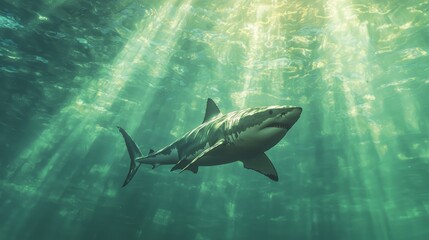 Fototapeta premium Majestic Great White Shark Gliding in Crystal-Clear Waters with Sunlight Rays - Ultra-Detailed Underwater Predator Photography