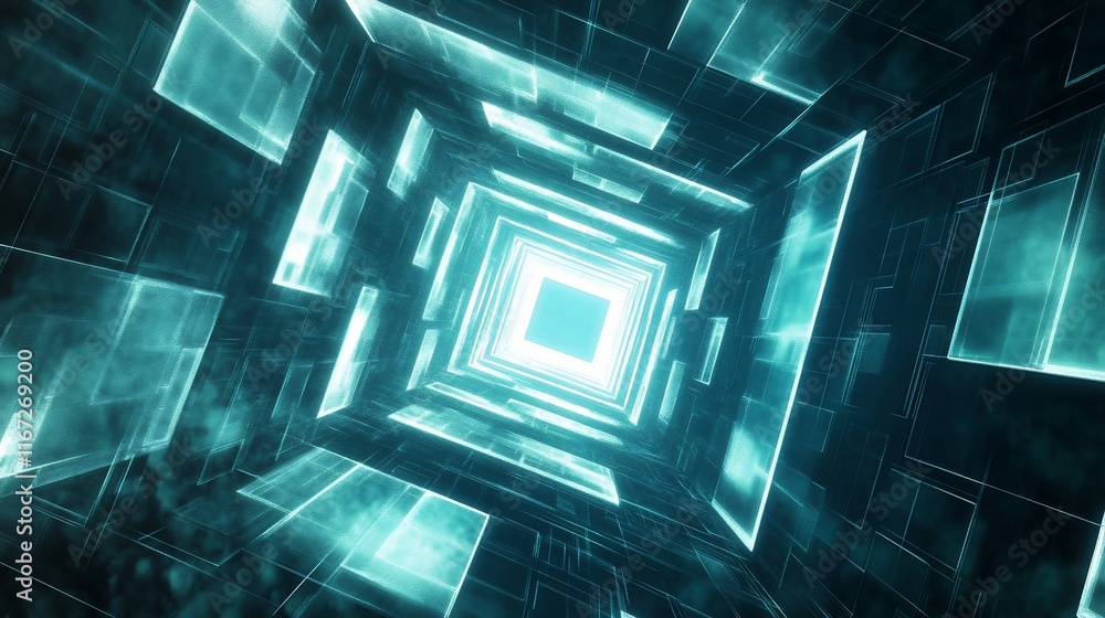 Poster blue glowing tunnel with abstract rectangles.