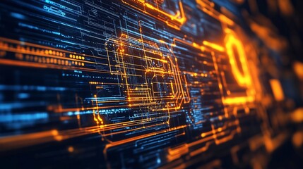 Digital glowing circuits with blue and orange lines.