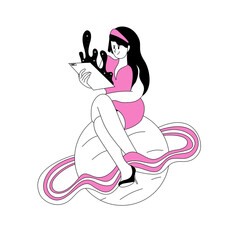 Woman sitting on Saturn using a tablet projecting space and stars &ndash; This image represents technology, creativity, and cosmic imagination in flat design style.