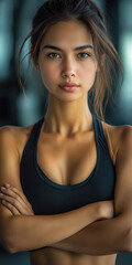 Portrait of a young Asian woman in athletic wear with arms crossed