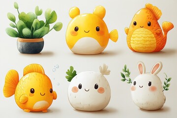 Cute cartoon-style animals and plants with cheerful expressions.