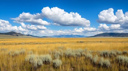 Fototapeta premium Vast Sunlit Meadow with Billowing Clouds in Bright Blue Sky