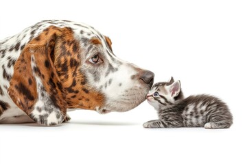 Cute kitten and hound dog touching noses on white background