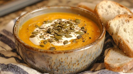 Delicious pumpkin soup recipe kitchen food photography cozy setting close-up comforting cuisine