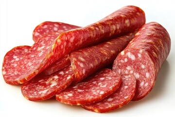 Sliced and whole smoked sausage on white background