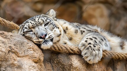 Obraz premium Majestic Snow Leopard Resting on Rocky Crag: Stealth and Beauty in the Wild