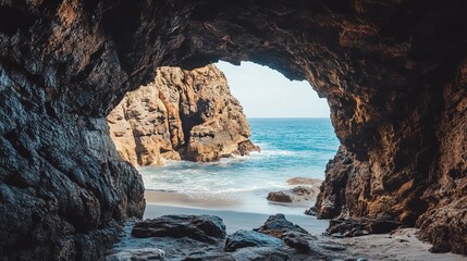 Fototapeta premium Cave opening on beach with turquoise waves.