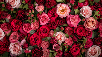 Fototapeta premium vibrant arrangement of red and pink roses, showcasing various shades and sizes, creates stunning floral display. lush greenery enhances beauty of blooms, evoking sense of romance and elegance