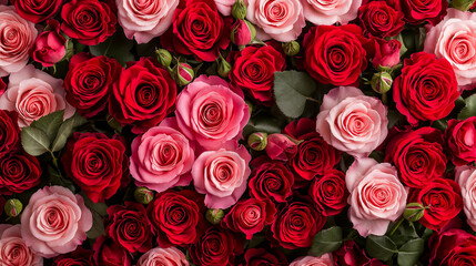 Naklejka premium vibrant wall of red and pink roses, showcasing their lush petals and green leaves, creates romantic atmosphere perfect for celebrations
