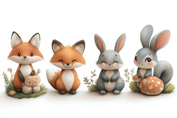 Fototapeta premium A charming illustration of cute woodland animals, including foxes and rabbits, in a playful style.