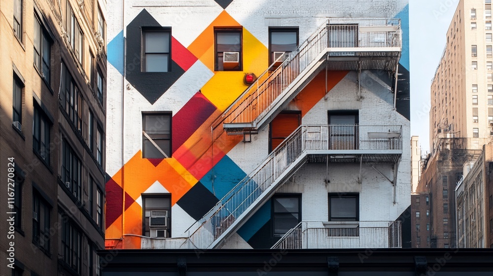 Poster building facade with colorful geometric mural.