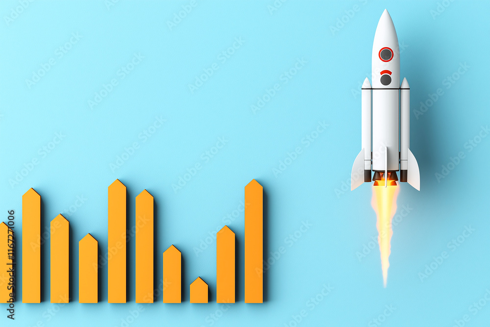 Poster white rocket soaring above orange bar graph on blue background symbolizes growth and innovation. dyn