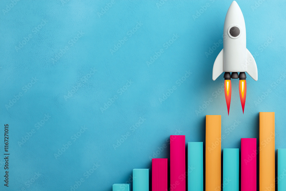 Poster white rocket soaring above colorful bar graphs on blue background symbolizes growth and innovation. 