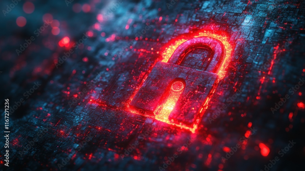 Poster cybersecurity breach illustration: broken padlock representing email security risks and protection m