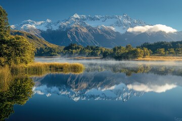 Fototapeta premium Snow-capped mountains reflected in a calm lake under clear blue sky