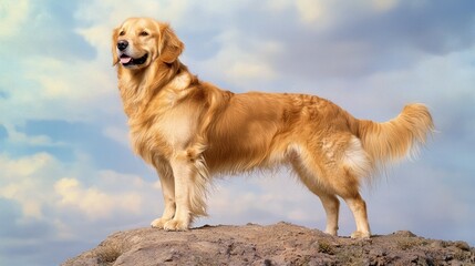 Obraz premium Majestic Golden Retriever: Symbol of Loyalty and Strength on Hilltop.