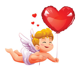 Adorable flying cupid holding a red heart balloon and spreading love. Vector cartoon illustration