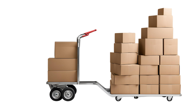 Stacked Cardboard Boxes on a Delivery Trolley Isolated on White, Ideal for Shipping and Logistics Themes