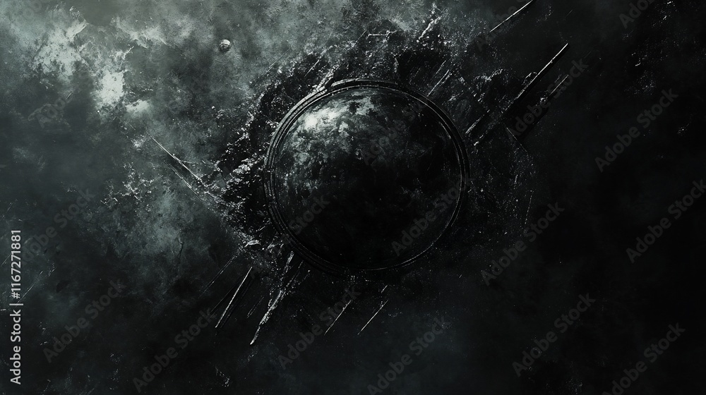 Poster dark sphere with cloudy, chaotic surrounding elements.