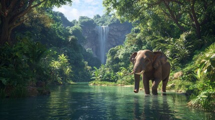 Majestic Elephant Striding Through River with Trunk Raised High, Symbolizing Power and Grace in Natural Habitat