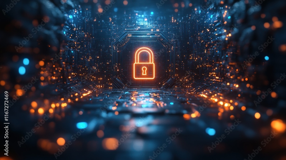 Aufkleber futuristic digital lock emblem in cyberpunk style with blue and black colors and soft bokeh lights b