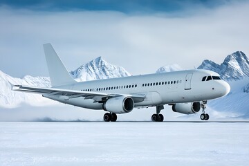Obraz premium White Passenger Airplane on Icy Runway with Snowy Mountains in Background Under Clear Sky in Remote Location