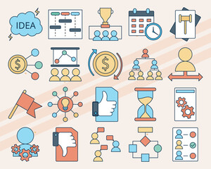 Vector icons related to project management including charts graphs and tools