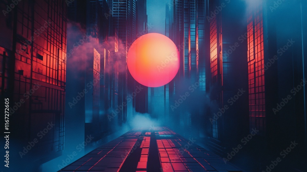 Poster floating orb between buildings with fog.