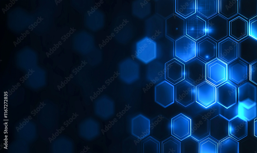 Aufkleber abstract background with hexagonal pattern in blue tones, featuring glowing hexagons and dark backdr