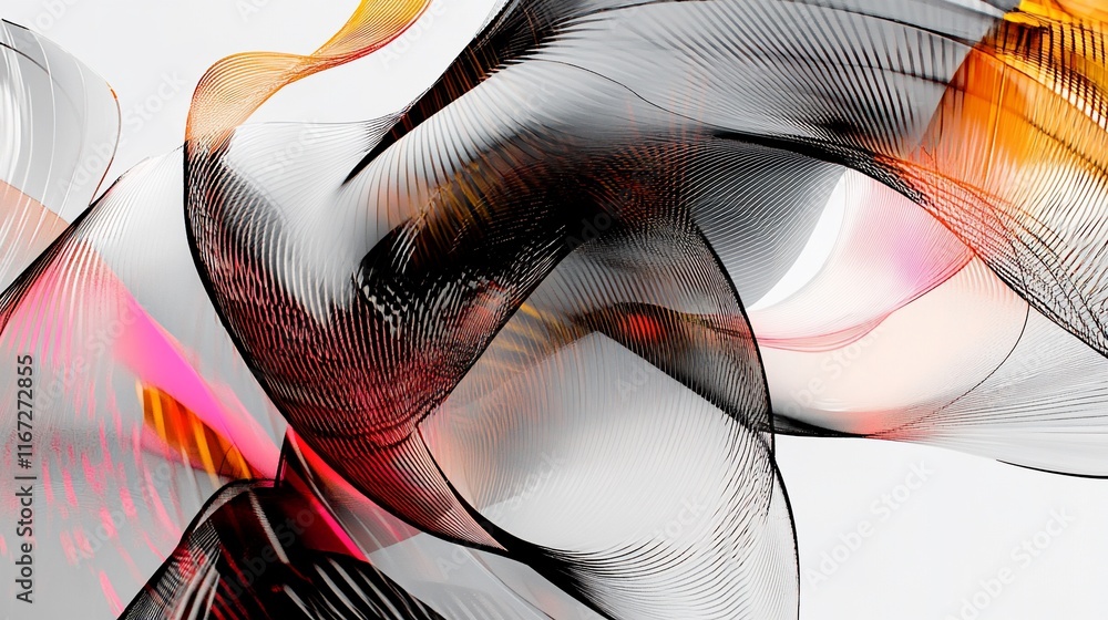 Poster abstract flowing lines with red and orange accents.