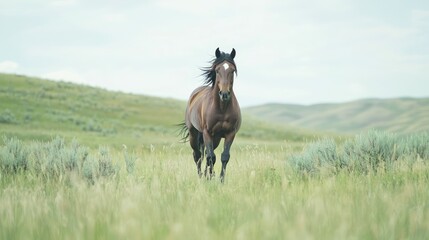 Majestic Wild Horse Galloping in Grassy Meadow - Symbol of Freedom and Strength