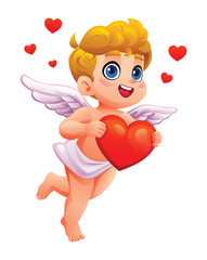 Cute cupid holding a big red heart while flying with hearts around. Vector cartoon character illustration