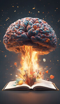 A surreal image depicting a brain exploding like a nuclear mushroom cloud, symbolizing a powerful idea or mental explosion. The scene is dramatic and visually striking.