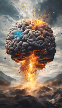 A surreal image depicting a brain exploding like a nuclear mushroom cloud, symbolizing a powerful idea or mental explosion. The scene is dramatic and visually striking.