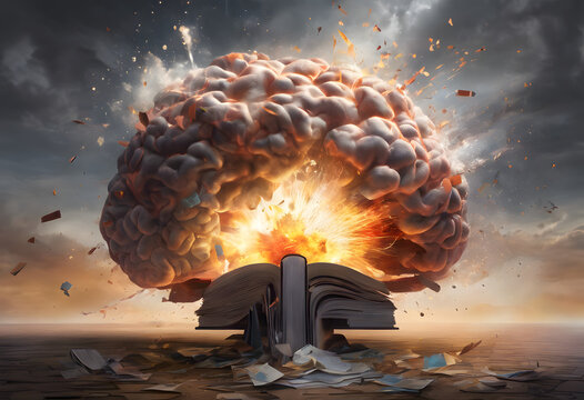 A surreal image depicting a brain exploding like a nuclear mushroom cloud, symbolizing a powerful idea or mental explosion. The scene is dramatic and visually striking.
