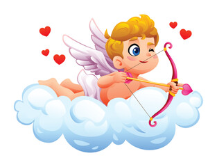 Obraz premium Playful cupid winking and shooting a heart arrow while lying on fluffy cloud. Vector cartoon illustration